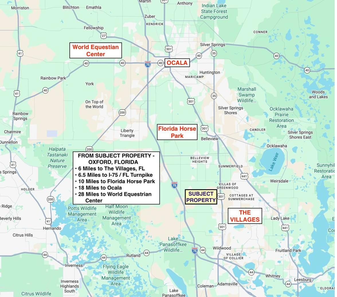 Property proximity map showing Oxford FL relative to The Villages, Ocala, Florida Horse Park, and World Equestrian Center
